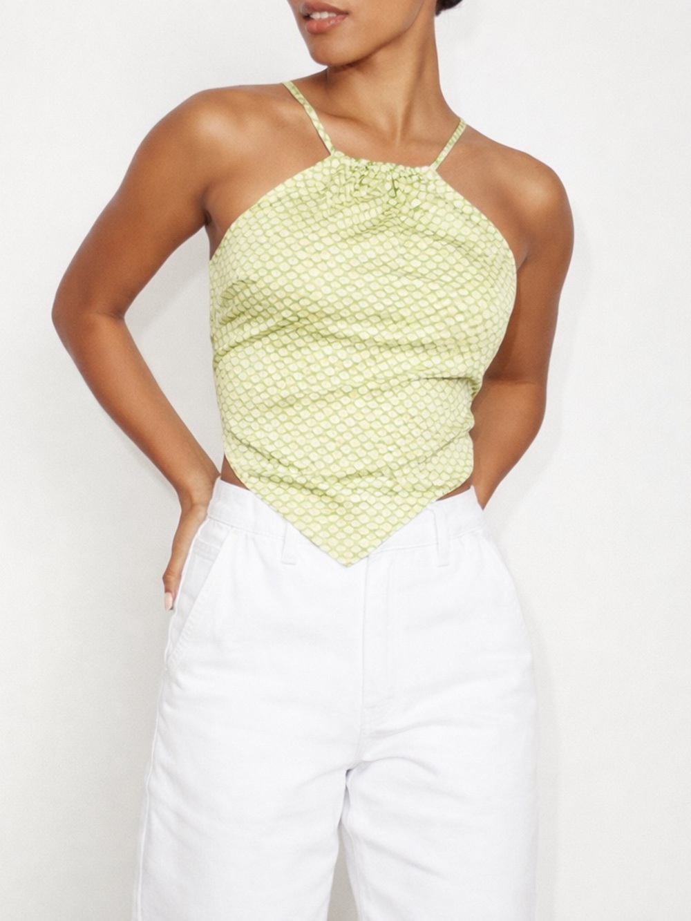 Dynamite Halter Silky Scarf Handkerchief Crop Top in green and white pattern